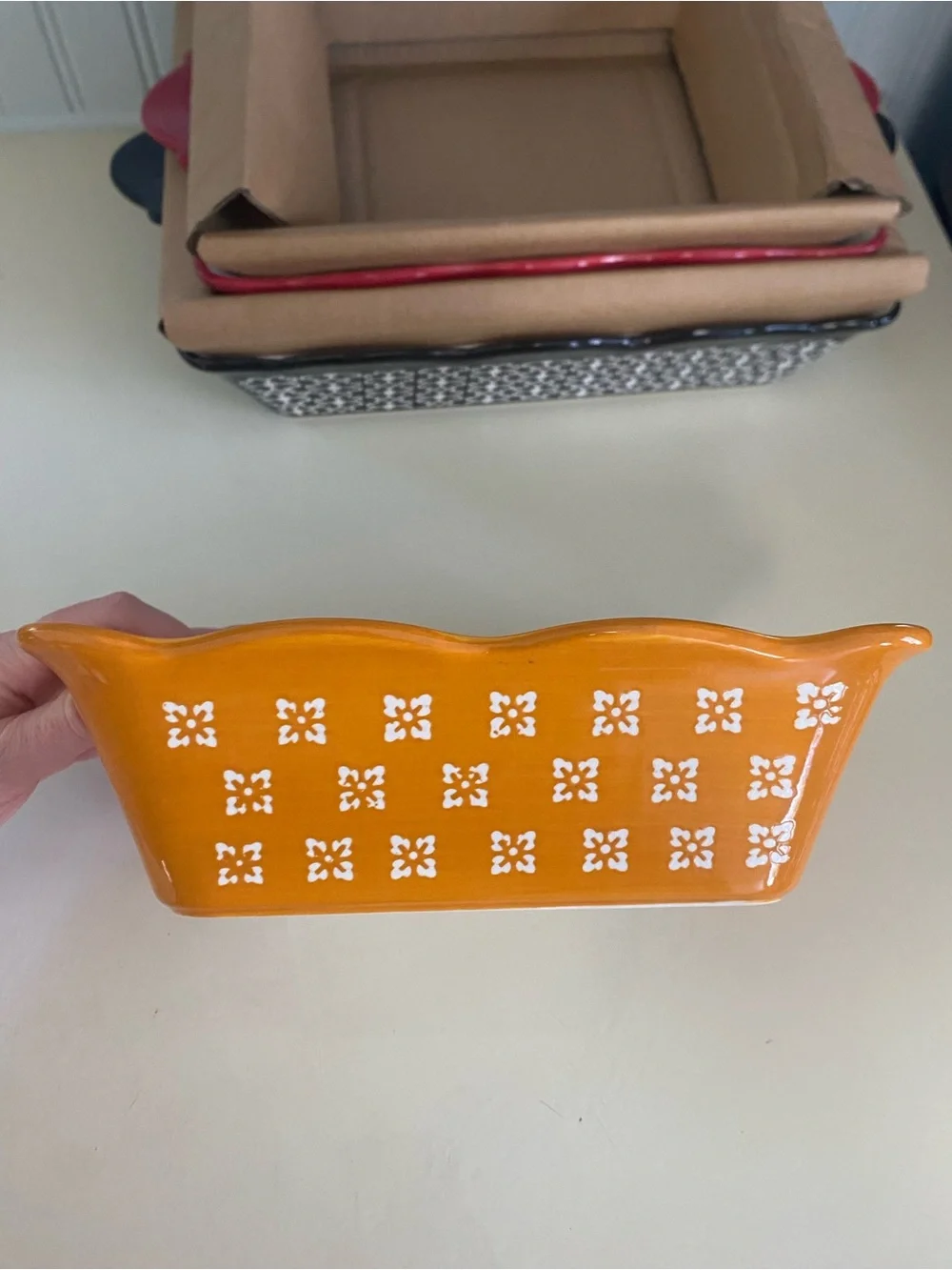 Set of 3 Stackable Festive Rectangle Ceramic Baking Dishes - Orange, Red, Black